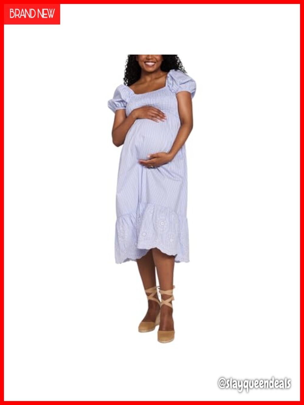 Smocked Midi Maternity Dress Square Neck Puff Sleeve Pregnancy